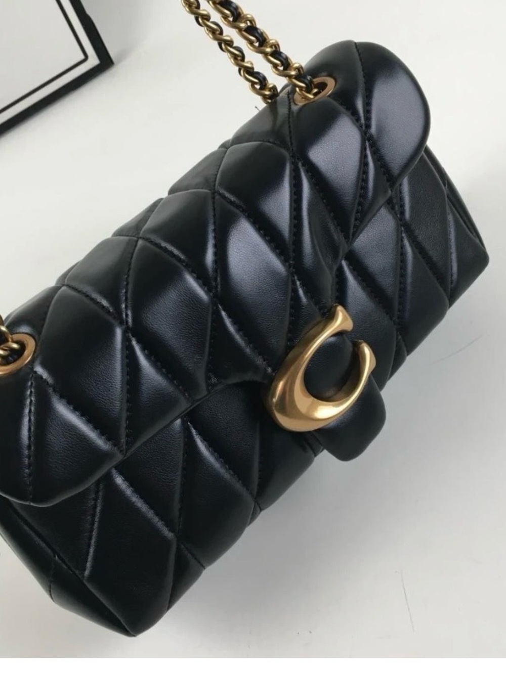 Black Quilted Shoulder Bag with Gold C-Closure